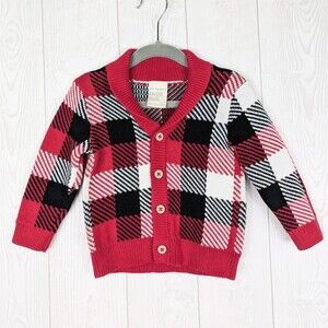 First Impressions Size 12 Month Boy's Cardigan Sweater Plaid Christmas Red Black